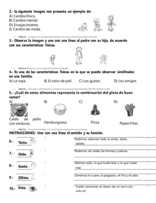 salado.
mal.
10.- Vista. Puedo reconocer el claxon de un carro con
2.- la siguiente imagen nos presenta un ejemplo de:
A) Cambio físico.
B) Cambio mental.
D) Envejecimiento.
E) Cambio de moda.
 Indicador: Comparasus característicasfísicascon las desushermanos, padresy abuelos.
3.- Observa la imagen y une con una línea al padre con su hijo, de acuerdo
con sus características físicas.
 Indicador:Reconoce las caracteristicas fisicas heredadas.
4.- Es una de las características físicas en la que se puede observar similitudes
en una familia:
A) La ropa. B) El color de piel. C) Los gustos. D) Los amigos.
 Indicador: Describe su alimentación con baseen los tres gruposde alimentos del PlatodelBien Comer.
5.- ¿Cuál de estos alimentos representa la combinación del plato de buen
comer?
A) B) C) D)
Caldo de pollo
con verduras Hamburguesa. Pizza Papas fritas.
 Indicador: Conoce lossentidos y su función pararelacionarse con su exterior.
INSTRUCCIONES: Une con una línea el sentido y su función.
6.-
7.-
8.-
9.-
Tacto.
Podemos saborear todo lo ácido, dulce,
Oído.
Podemos ver todas las formas y colores.
Gusto.
Olemos todo, lo que huele bien y lo que huele
Olfato.
Sentimos lo suave, lo pegajoso, el frío y el calor.
solo oír.
 