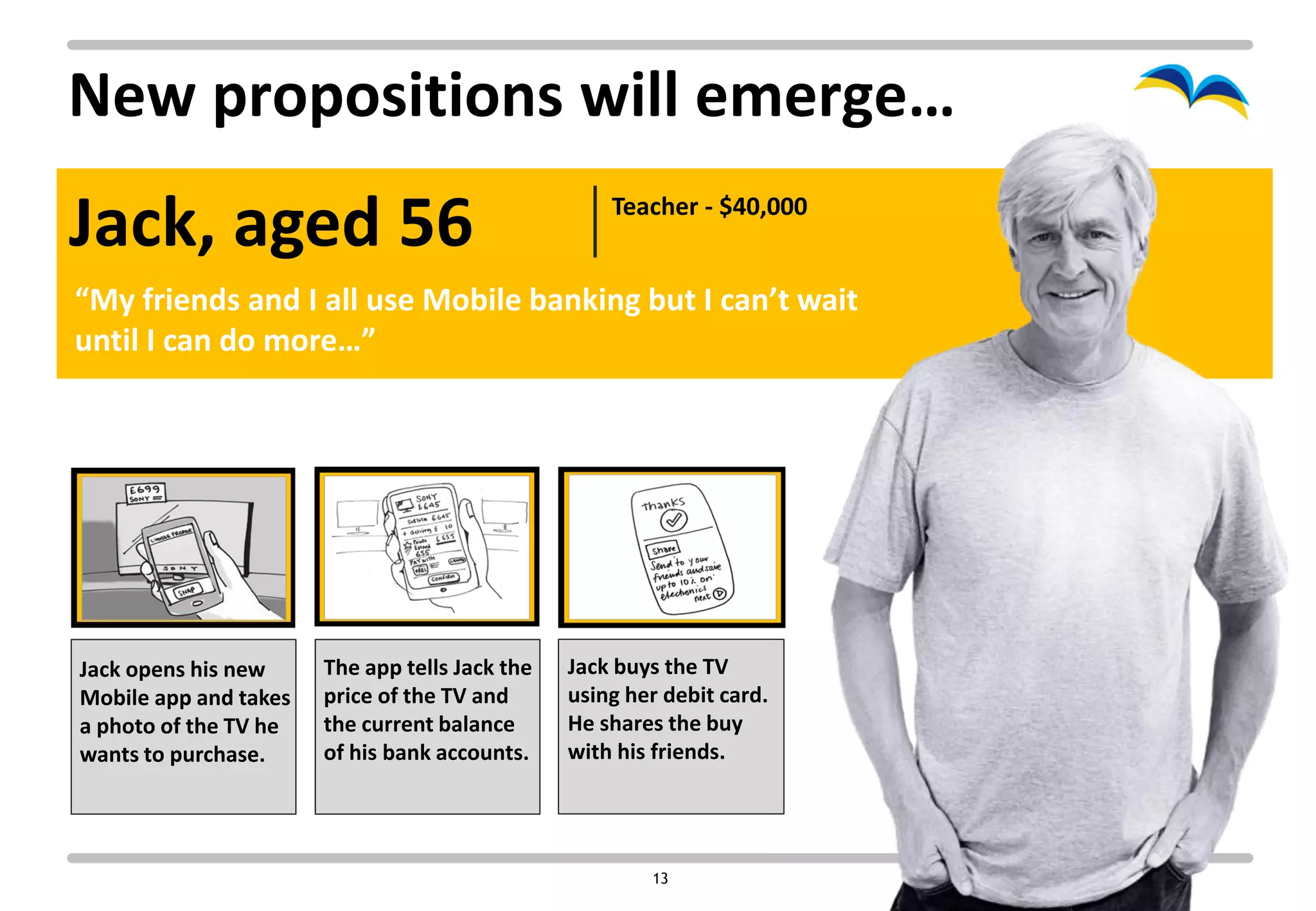 New propositions will emerge…
Jack, aged 56                                       Teacher - $40,000


“My friends and I all use Mobile banking but I can’t wait
until I can do more…”




Jack opens his new     The app tells Jack the   Jack buys the TV
Mobile app and takes   price of the TV and      using her debit card.
a photo of the TV he   the current balance      He shares the buy
wants to purchase.     of his bank accounts.    with his friends.




                                                        13
 