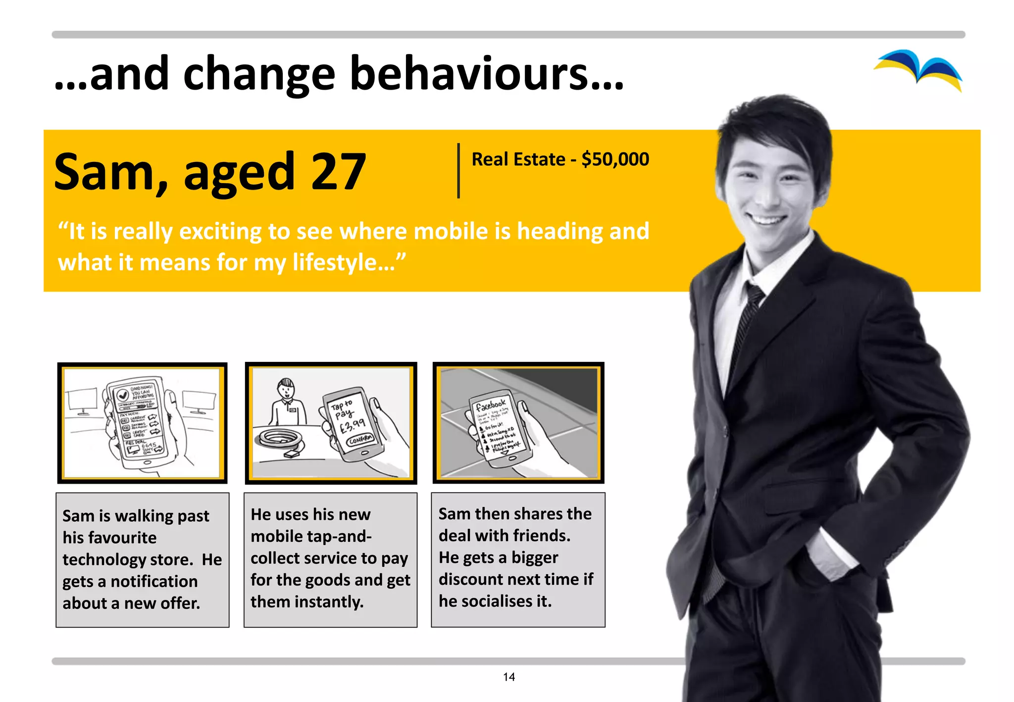 …and change behaviours…
Sam, aged 27                                        Real Estate - $50,000


“It is really exciting to see where mobile is heading and
what it means for my lifestyle…”




Sam is walking past    He uses his new          Sam then shares the
his favourite          mobile tap-and-          deal with friends.
technology store. He   collect service to pay   He gets a bigger
gets a notification    for the goods and get    discount next time if
about a new offer.     them instantly.          he socialises it.



                                                        14
 