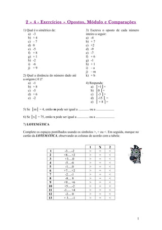 2 exercícios- opostos, módulos e comparações | DOC