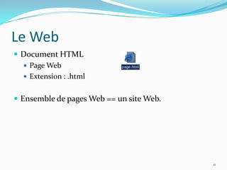 Le Web	Document HTMLPage WebExtension : .htmlEnsemble de pages Web == un site Web.11