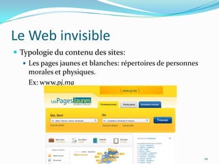Le Web invisibleTypologie du contenu des sites:Les pages jaunes et blanches: répertoires de personnes morales et physiques.	Ex: www.pj.ma20