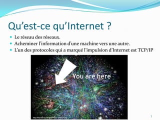 Qu’est-ce qu’Internet ?Le réseau des réseaux.Acheminer l’information d’une machine vers une autre.L’un des protocoles qui a marqué l’impulsion d’Internet est TCP/IP7