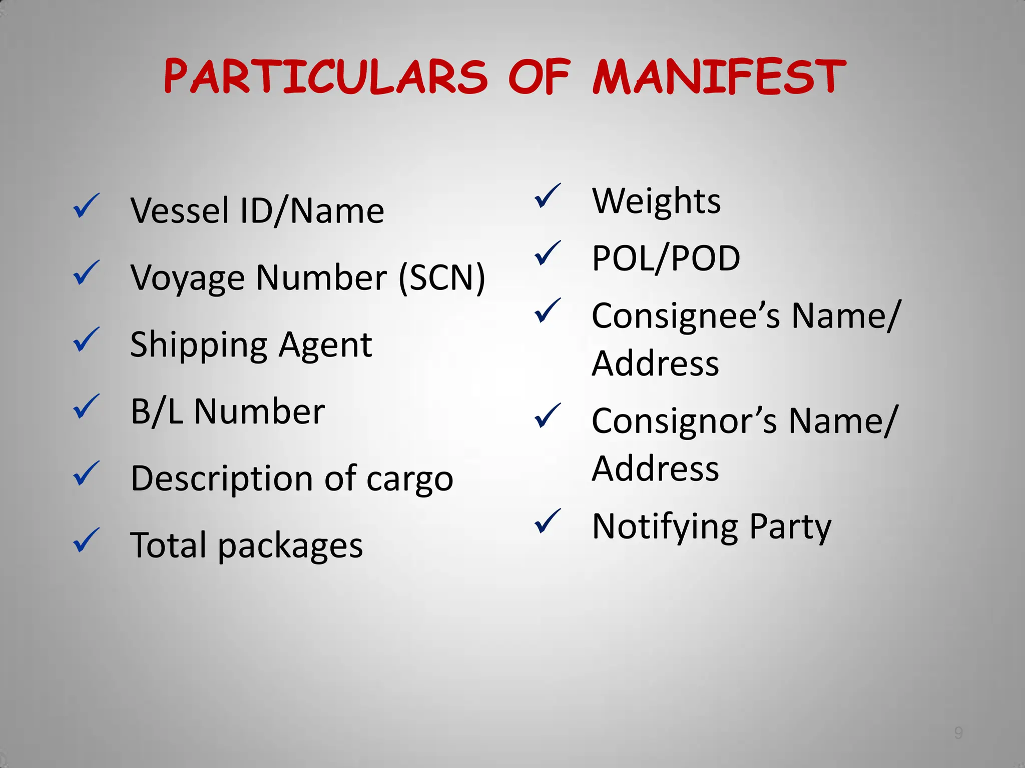 9
PARTICULARS OF MANIFEST
 Vessel ID/Name
 Voyage Number (SCN)
 Shipping Agent
 B/L Number
 Description of cargo
 Total packages
 Weights
 POL/POD
 Consignee’s Name/
Address
 Consignor’s Name/
Address
 Notifying Party
 