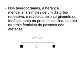 Nos heredogramas, a herança mendeliana simples de um distúrbio recessivo, é revelada pelo surgimento do fenótipo tanto na prole masculina, quanto na prole feminina de pessoas não afetadas. 