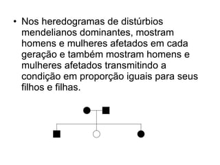 Nos heredogramas de distúrbios mendelianos dominantes, mostram homens e mulheres afetados em cada geração e também mostram homens e mulheres afetados transmitindo a condição em proporção iguais para seus filhos e filhas. 