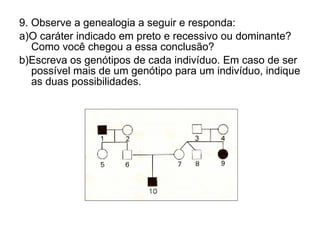 9. Observe a genealogia a seguir e responda:  a)O caráter indicado em preto e recessivo ou dominante? Como você chegou a essa conclusão? b)Escreva os genótipos de cada indivíduo. Em caso de ser possível mais de um genótipo para um indivíduo, indique as duas possibilidades. 