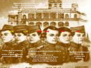 1835 1838 1846  -  1848 1847 1853 A causa de unos problemas con los  texanos, el estado de Texas es proclamado independiente. México es atacado por primera vez por  Francia en la llamada Guerra de los Pasteles, donde los franceses reclamaban el  pago por la destrucción de propiedades francesas. México firmó la paz  pagando 600 mil pesos. Se desata la guerra contra Estados Unidos, la cual  culmina con la firma de Tratado de Guadalupe donde México  reconoce la independencia de los estados Nuevo México y California. Durante la Guerra contra Estados Unidos ocurre un fuerte combate en el Castillo de Chapultepec, muriendo varios jóvenes cadetes del Colegio Militar por lo que se dio el nombre de día  de los Niños Héroes. Santa Anna gobierna por última vez, e impone una  dictadura. 
