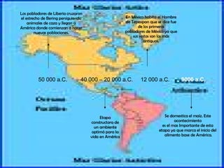 50 000 a.C.  Los pobladores de Liberia cruzaron el estrecho de Bering persiguiendo animales de caza y llegan a América donde comienzan a hacer nuevas poblaciones. En México habita el Hombre de Tepexpan que se dice fue de los primeros pobladores de México ya que sus restos son los más antiguos. Etapa constructora de un ambiente optimó para la vida en América 40 000 – 20 000 a.C. 12 000 a.C. Se domestica el maíz. Este  acontecimiento  es el mas Importante de esta  etapa ya que marca el inicio del  alimento base de América. 9000 a.C. 
