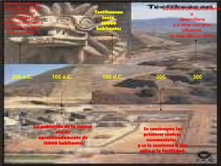 200 a.C. Los grupos integrados en el pasado ahora se convierten en comunidades mas numerosas dedicadas a la agricultura, pesca, caza y recolección. La población de la cuenca  era de  aproximadamente de  15000 habitantes 100 a.C. 100 d.C. Teotihuacan tenia  30000 habitantes Se construyen los primeros centros  ceremoniales,  y se le comienza a dar culto a la fertilidad. La cultura Olmeca comienza a  desarrollarse y a tener una gran  influencia  en toda Mesoamérica. 200  300 