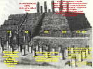 Se construye Monte Albán,  centro de la cultura Maya. 414 Se destaca el arte escultórico reflejado en las famosas Cabezas Colosales y en sus Altares, en los cuales  brindaban culto al jaguar. 520 618 Al lado de los guerreros sacerdotes surgieron los funcionarios encargados de impartir justicia y de recaudar tributos, comerciantes que viajaban largas distancias y artesanos de gran especialización.  La religión ocupaba el lugar central de la vida y en torno a ella giraban las  demás actividades. 685 Este fue el último esplendor de las culturas clásicas. Se inició entonces una época de grandes migraciones y mezclas de pueblos, de desorden y guerras, que sólo terminaría con el establecimiento de una nueva civilización dominante: la de  los toltecas  de Tula. 750 - 900 Entre los centros ceremoniales  más importantes destacan:  La Venta, Tres Zapotes y San Lorenzo. 