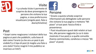 Visite
• La scheda Visite ti permette di
scoprire da dove provengono le
persone che visitano la tua
pagina, e cosa preferiscono
visualizzare (singolo post, foto o
diario/timeline)
Post
• Scopri come reagiscono i visitatori della tua
pagina ai post che pubblichi, sulla base di
dati come l’orario (a che ora un post è più
visibile?) o il tipo di post (è meglio una foto o
uno stato? Come reagirà il mio pubblico se
inserisco un link?)
Persone
• Grazie a questa scheda scoprirai
informazioni più dettagliate sulle persone
che visitano la tua pagina e mettono “Mi
piace” ai tuoi post: fascia d’età e
provenienza.
• Puoi visualizzare questi dati relativi ai tuoi
fan, alle persone raggiunte (a cui è stato
mostrato il tuo post) e a quelle coinvolte
(hanno commentato, condiviso o messo “Mi
piace” al post)
 