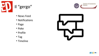 Il “gergo”
• News Feed
• Notifications
• Page
• Poke
• Profile
• Tag
• Timeline
 