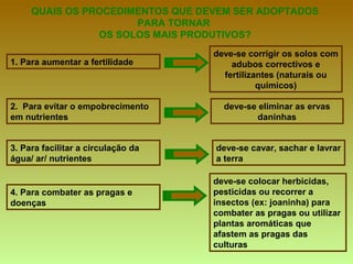 QUAIS OS PROCEDIMENTOS QUE DEVEM SER ADOPTADOS PARA TORNAR  OS SOLOS MAIS PRODUTIVOS? 1. Para aumentar a fertilidade deve-se corrigir os solos com adubos correctivos e fertilizantes (naturais ou químicos) 3. Para facilitar a circulação da água/ ar/ nutrientes 2.  Para evitar o empobrecimento em nutrientes deve-se eliminar as ervas daninhas deve-se cavar, sachar e lavrar a terra 4. Para combater as pragas e doenças deve-se colocar herbicidas, pesticidas ou recorrer a insectos (ex: joaninha) para combater as pragas ou utilizar plantas aromáticas que afastem as pragas das culturas 
