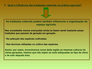 3.  Qual a influência das tradições culturais na prática agrícola? As tradições culturais podem também influenciar a organização do espaço agrícola.  Nas sociedades menos avançadas ainda se fazem sentir bastante essas tradições que passam de geração em geração: Na selecção das espécies cultivadas. Nas técnicas utilizadas no cultivo das espécies. Assim, por vezes, encontramos numa dada região as mesmas culturas há várias gerações, mesmo que não sejam as mais adequadas ao tipo de clima e de solo daquela área. 