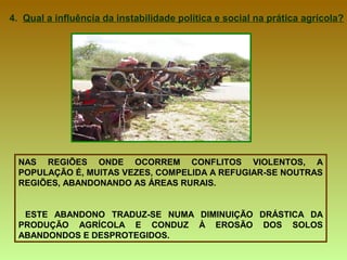 NAS REGIÕES ONDE OCORREM CONFLITOS VIOLENTOS, A POPULAÇÃO É, MUITAS VEZES, COMPELIDA A REFUGIAR-SE NOUTRAS REGIÕES, ABANDONANDO AS ÁREAS RURAIS. ESTE ABANDONO TRADUZ-SE NUMA DIMINUIÇÃO DRÁSTICA DA PRODUÇÃO AGRÍCOLA E CONDUZ À EROSÃO DOS SOLOS ABANDONDOS E DESPROTEGIDOS. 4.  Qual a influência da instabilidade política e social na prática agrícola? 