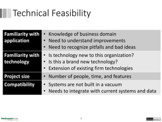 Technical Feasibility
Familiarity with
application
• Knowledge of business domain
• Need to understand improvements
• Need to recognize pitfalls and bad ideas
Familiarity with
technology
• Is technology new to this organization?
• Is this a brand new technology?
• Extension of existing firm technologies
Project size • Number of people, time, and features
Compatibility • Systems are not built in a vacuum
• Needs to integrate with current systems and data
4
 