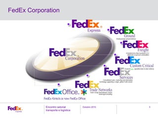 Outubro 2010Encontro setorial
transporte e logística
3
FedEx Corporation
Consolidated sales, marketing and information
technology supporting a single, global FedEx brand.
Small package ground delivery
Scheduled less than truckload (LTL)
shipments of general commodities
Exclusive use, expedited door-to-door delivery
Tower Group International Custom
brokerage/consulting
 