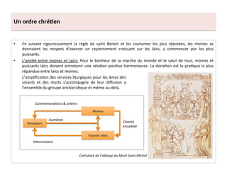 Un	
  ordre	
  chré3en	
  
•  En	
   suivant	
   rigoureusement	
   la	
   règle	
   de	
   saint	
   Benoit	
   et	
   les	
   coutumes	
   les	
   plus	
   réputées,	
   les	
   moines	
   se	
  
donnaient	
   les	
   moyens	
   d’exercer	
   un	
   rayonnement	
   croissant	
   sur	
   les	
   laïcs,	
   a	
   commencer	
   par	
   les	
   plus	
  
puissants.	
  	
  
•  L’ami;é	
  entre	
  moines	
  et	
  laïcs:	
  Pour	
  le	
  bonheur	
  de	
  la	
  marche	
  du	
  monde	
  et	
  le	
  salut	
  de	
  tous,	
  moines	
  et	
  
puissants	
  laïcs	
  doivent	
  entretenir	
  une	
  rela;on	
  posi;ve	
  harmonieuse.	
  La	
  dona;on	
  est	
  la	
  pra;que	
  la	
  plus	
  
répandue	
  entre	
  laïcs	
  et	
  moines.	
  	
  
L’ampliﬁca;on	
  des	
  services	
  liturgiques	
  pour	
  les	
  âmes	
  des	
  
vivants	
   et	
   des	
   morts	
   s’accompagne	
   de	
   leur	
   diﬀusion	
   a	
  
l’ensemble	
  du	
  groupe	
  aristocra;que	
  et	
  même	
  au-­‐delà.	
  	
  
Cartulaire	
  de	
  l’abbaye	
  du	
  Mont	
  Saint	
  Michel	
  
Donateurs	
  
Pauvres	
  réels	
  
Moines	
  
CommémoraMons	
  &	
  prières	
  
Aumônes	
  
Intercessions	
  
Charité	
  
encadrée	
  
 