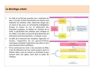 Le	
  décollage	
  urbain	
  
•  En	
  1128,	
  le	
  roi	
  ﬁnit	
  par	
  accorder	
  une	
  «	
  ins;tu;on	
  de	
  
paix	
  »	
  a	
  la	
  cite:	
  le	
  droit	
  d’associa;on	
  est	
  reconnu	
  aux	
  
habitants	
   de	
   certaines	
   villes,	
   désormais	
   diriges	
   par	
  
un	
  maire	
  et	
  des	
  jures;	
  en	
  contrepar;e	
  d’obliga;ons	
  
ﬁscales	
   en	
   faveur	
   du	
   roi,	
   ils	
   ob;ennent	
   des	
  
franchises	
   juridiques,	
   la	
   ﬁxa;on	
   du	
   montant	
   de	
   la	
  
taille,	
   la	
   paciﬁca;on	
   des	
   rela;ons	
   avec	
   l’évêque	
   et	
  
les	
  nobles.	
  C’est	
  donc	
  au	
  bout	
  de	
  deux	
  décennies	
  de	
  
lu8e	
  que	
  la	
  commune	
  parvient	
  a	
  	
  s’imposer	
  a	
  Laon.	
  
•  Au-­‐delà	
   de	
   la	
   diversité	
   des	
   situa;ons	
   régionales	
   et	
  
locales,	
   l’appari;on	
   de	
   ces	
   gouvernements	
  
municipaux	
  manifeste	
  l’avènement	
  des	
  villes	
  en	
  tant	
  
que	
  nouveaux	
  acteurs	
  poli;ques.	
  
•  Ni	
  les	
  communes	
  du	
  nord,	
  ni	
  les	
  consulats	
  du	
  Midi,	
  
n’ont	
  de	
  bâ;ments	
  qui	
  leur	
  soient	
  propres	
  avant	
  le	
  
XIIIème	
  siècle:	
  jures	
  ou	
  consuls	
  se	
  réunissent	
  le	
  plus	
  
souvent	
   dans	
   une	
   église,	
   voire	
   dans	
   le	
   palais	
   de	
  
l’évêque.	
  	
  
 
