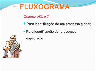 FLUXOGRAMA
Quando utilizar?
Para identificação de um processo global;
• Para identificação de processos
específicos.
 