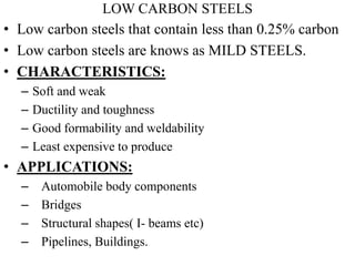 LOW CARBON STEELS
• Low carbon steels that contain less than 0.25% carbon
• Low carbon steels are knows as MILD STEELS.
• CHARACTERISTICS:
– Soft and weak
– Ductility and toughness
– Good formability and weldability
– Least expensive to produce
• APPLICATIONS:
– Automobile body components
– Bridges
– Structural shapes( I- beams etc)
– Pipelines, Buildings.
 