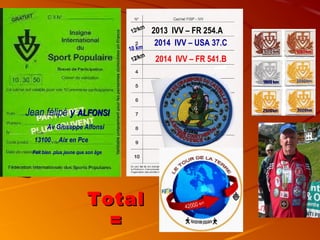 m
12 k

10 km
m
12 k

Jean félipé y ALFONSI
Av Giuseppe Alfonsi
13100

Aix en Pce

Fait bien plus jeune que son âge

Total
=

2013 IVV – FR 254.A
2014 IVV – USA 37.C
2014 IVV – FR 541.B

 
