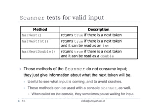 Scanner tests for valid input
 These methods of the Scanner do not consume input;
they just give information about what the next token will be.
 Useful to see what input is coming, and to avoid crashes.
 These methods can be used with a console Scanner, as well.
 When called on the console, they sometimes pause waiting for input.
Method Description
hasNext() returns true if there is a next token
hasNextInt() returns true if there is a next token
and it can be read as an int
hasNextDouble() returns true if there is a next token
and it can be read as a double
14 viska@unsyiah.ac.id
 