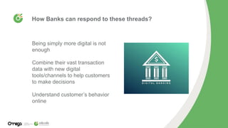 How Banks can respond to these threads?
Being simply more digital is not
enough
Combine their vast transaction
data with new digital
tools/channels to help customers
to make decisions
Understand customer’s behavior
online
 