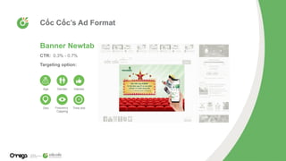 Cốc Cốc’s Ad Format
Banner Newtab
Age
Geo
Gender Interest
Frequency
Capping
Time slot
CTR: 0.3% - 0.7%
Targeting option:
 
