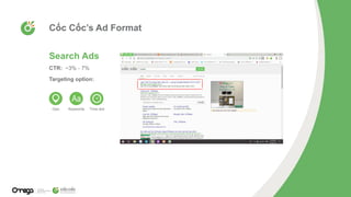 Cốc Cốc’s Ad Format
KeywordsGeo Time slot
Search Ads
CTR: ~3% - 7%
Targeting option:
 