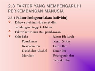 2.3 FAKTOR YANG MEMPENGARUHI
PERKEMBANGAN MANUSIA
2.3.1 Faktor Endogen(dalam individu)
 Dibawa oleh individu sejak dlm
     kandungan hingga kelahiran.
 Faktor keturunan atau pembawaan
 Cth: Baka                     Faktor Rh darah
         Pemakanan               Kesan X-Ray
         Kesihatan Ibu          Emosi Ibu
         Dadah dan Alkohol      Umur Ibu
         Merokok                Teratogenik dan
                                 Penyakit Ibu
 