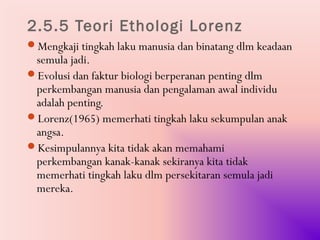 2.5.5 Teori Ethologi Lorenz
Mengkaji tingkah laku manusia dan binatang dlm keadaan
 semula jadi.
Evolusi dan faktur biologi berperanan penting dlm
 perkembangan manusia dan pengalaman awal individu
 adalah penting.
Lorenz(1965) memerhati tingkah laku sekumpulan anak
 angsa.
Kesimpulannya kita tidak akan memahami
 perkembangan kanak-kanak sekiranya kita tidak
 memerhati tingkah laku dlm persekitaran semula jadi
 mereka.
 
