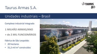Taurus Armas S.A.
Unidades industriais – Brasil
1 MILHÃO ARMAS/ANO
+ de 2 MIL FUNCIONÁRIOS
São Leopoldo, RS - Brasil
Fábrica de São Leopoldo:
• 20 hectares
• 31,2 mil m2 construídos
Complexo industrial integrado
 