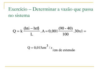Exercício – Determinar a vazão que passa
no sistema
(hti  htf)
(90 - 40)
Qk
.A  0,001
.30 x1 
L
100
3
Q  0,015cm / s

/cm de extensão

 
