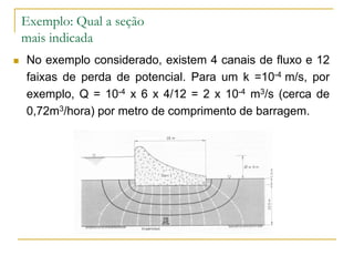 Exemplo: Qual a seção
mais indicada


No exemplo considerado, existem 4 canais de fluxo e 12
faixas de perda de potencial. Para um k =10-4 m/s, por
exemplo, Q = 10-4 x 6 x 4/12 = 2 x 10-4 m3/s (cerca de
0,72m3/hora) por metro de comprimento de barragem.

 