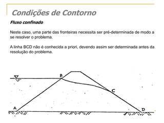 Condições de Contorno
Fluxo confinado
Neste caso, uma parte das fronteiras necessita ser pré-determinada de modo a
se resolver o problema.
A linha BCD não é conhecida a priori, devendo assim ser determinada antes da
resolução do problema.

 