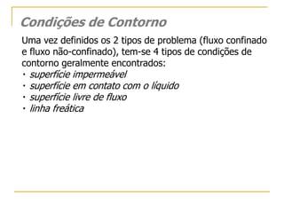 Condições de Contorno
Uma vez definidos os 2 tipos de problema (fluxo confinado
e fluxo não-confinado), tem-se 4 tipos de condições de
contorno geralmente encontrados:

superfície impermeável
superfície em contato com o líquido
superfície livre de fluxo
linha freática

 