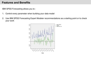 IBM SPSS Forecasting allows you to :
1. Control every parameter when building your data model
2. Use IBM SPSS Forecasting Expert Modeler recommendations as a starting point or to check
your work
Features and Benefits
 
