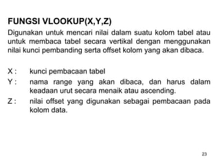 FUNGSI VLOOKUP(X,Y,Z)
Digunakan untuk mencari nilai dalam suatu kolom tabel atau
untuk membaca tabel secara vertikal dengan menggunakan
nilai kunci pembanding serta offset kolom yang akan dibaca.

X:    kunci pembacaan tabel
Y:    nama range yang akan dibaca, dan harus dalam
      keadaan urut secara menaik atau ascending.
Z:    nilai offset yang digunakan sebagai pembacaan pada
      kolom data.




                                                        23
 