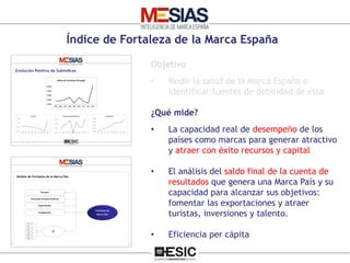 MESIAS – Inteligencia de Marca España Número 4
Objetivo
• Medir la salud de la Marca España e
identificar fuentes de debil...