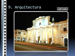 9. ArquitecturaEn este tipo de fotos hay que procurar evitar sacar las farolas o las fuentes de luz, si es posible, ya que estas queman la foto.  Lo mejor es utilizar diafragmas cerrados, tiempos largos y una ISO baja, asegurándonos la profundidad de campo, además así se reduce la sobreexposición de las luces, y si algo o alguien se cruza por delante de la cámara, esta no lo captara.Se puede utilizar destello del flash o usar una linterna haciendo barridos sobre el tema principal para destacarlo lumínicamente sobre el resto de la fotoTambién es aconsejable usar el enfoque manual ya que con poca luz no hay contraste para que funcione bien el autofoco de las cámaras