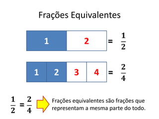 Frações Equivalentes
1 2 3 4
1 2
=
=
=
Frações equivalentes são frações que
representam a mesma parte do todo.
 