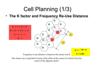Cell Planning (1/3)
• The K factor and Frequency Re-Use Distance
K = i2
+ ij + j2
K = 22
+ 2*1 + 12
K = 4 + 2 + 1
K = 7
i
j
1
2
3
4
5
6
7
Frequency re-use distance is based on the cluster size K
The cluster size is specified in terms of the offset of the center of a cluster from the
center of the adjacent cluster
D = √3K * R
D = 4.58R
1
2
3
5
6
7
D
R
 