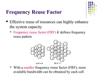 Frequency Reuse Factor
 Effective reuse of resources can highly enhance
the system capacity
 Frequency reuse factor (FRF) K defines frequency
reuse pattern
 With a smaller frequency reuse factor (FRF), more
available bandwidth can be obtained by each cell
 