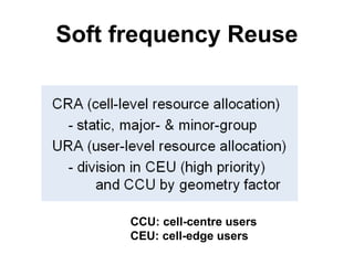 Soft frequency Reuse
CCU: cell-centre users
CEU: cell-edge users
 