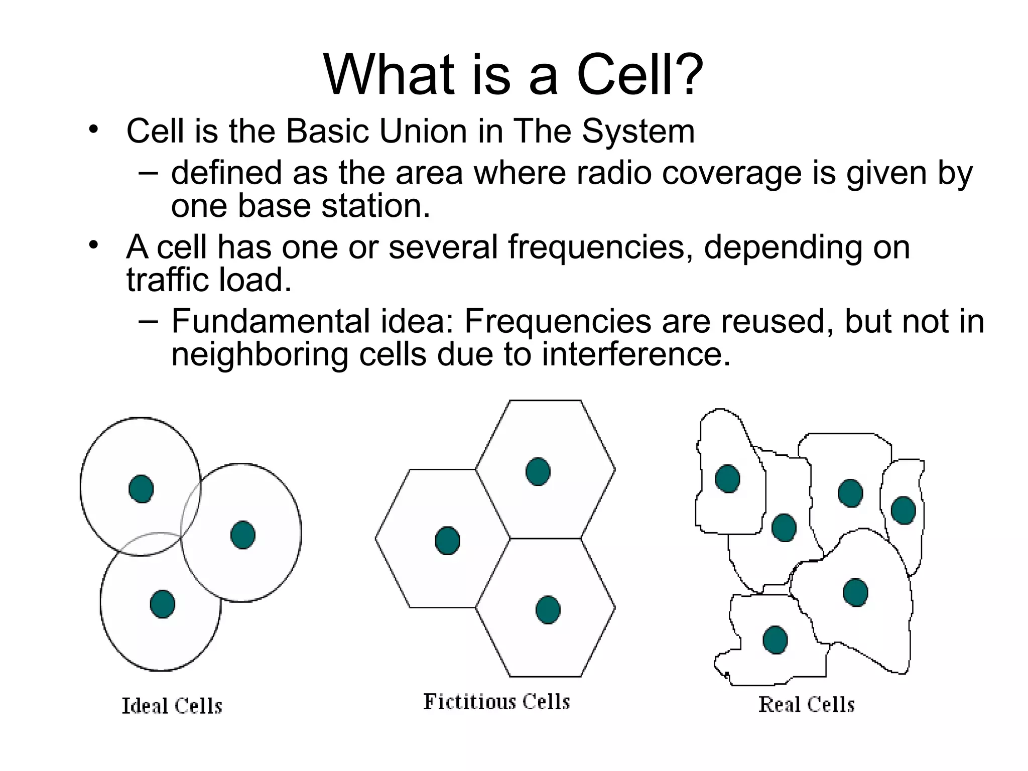 What is a Cell?
• Cell is the Basic Union in The System
   – defined as the area where radio coverage is given by 
      one base station.
• A cell has one or several frequencies, depending on 
  traffic load. 
   – Fundamental idea: Frequencies are reused, but not in 
      neighboring cells due to interference. 
 