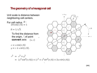 The geometry of a hexagonal cell

Unit scale is distance between
neighboring cell centers.
For cell radius



    To find the distance from
    the origin, , of point    ,
    convert axis:




                                      [ 69 ]
 