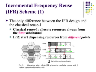 Incremental Frequency Reuse
(IFR) Scheme (1)
 The only difference between the IFR design and
 the classical reuse-1
    Classical reuse-1: allocate resources always from
     the first subchannel
    IFR: start dispensing resources from different points
 
