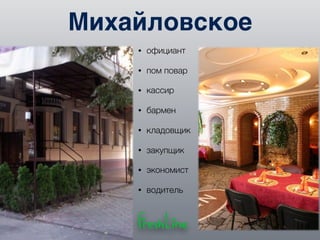 Михайловское
• официант
• пом повар
• кассир
• бармен
• кладовщик
• закупщик
• экономист
• водитель
 